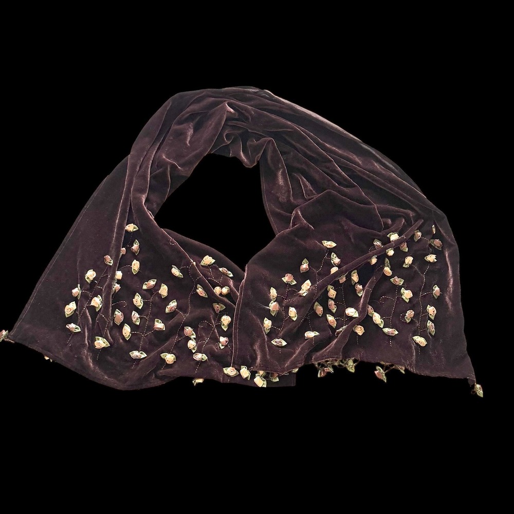 Y2K Boho Brown Velvet Scarf Ribbon Rose Floral Embroidered Beaded Tassel Wrap